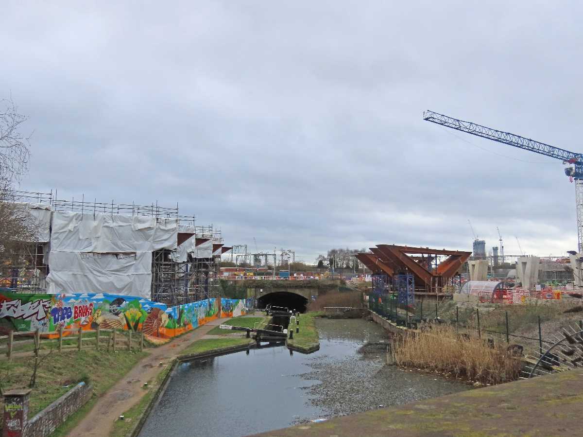 The Annatomix wildlife street art on the Digbeth Branch Canal in Eastside below the HS2, Curzon No 3 Viaduct site