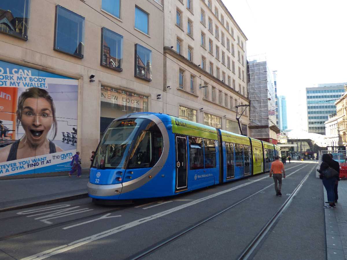 West Midlands Metro tram 32 gone blue with OLA adverts too!
