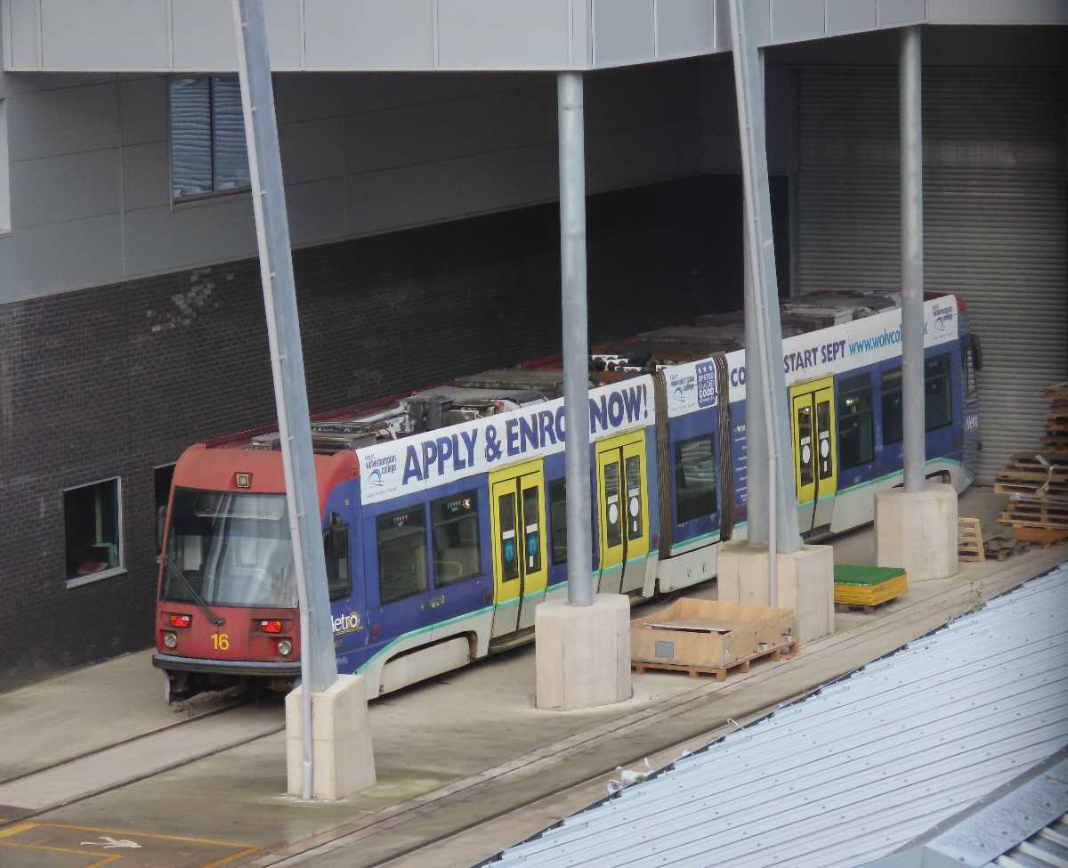 Preserved Midland Metro tram 16 at Very Light Rail, Dudley and West Midlands Metro tram 52 in service
