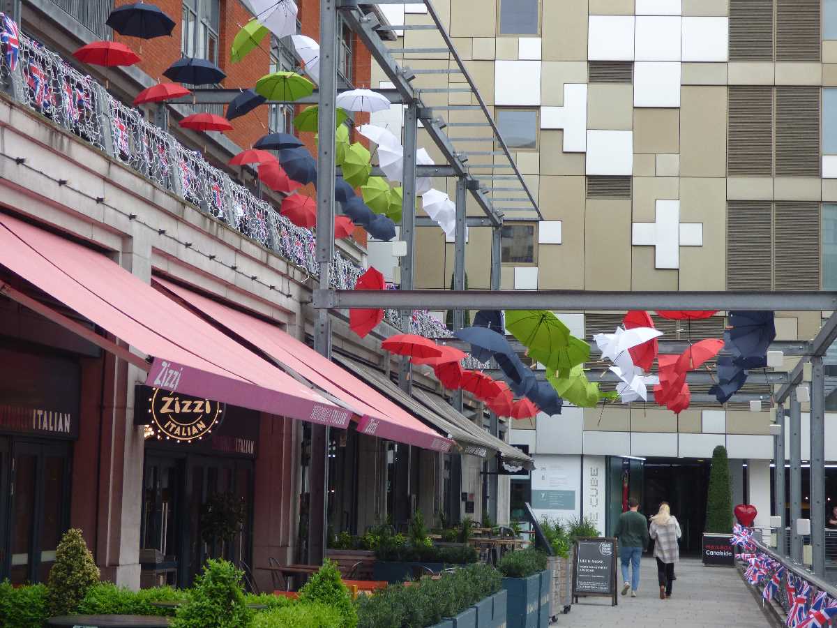 Summer 2022 umbrellas between The Mailbox Canalside and The Cube