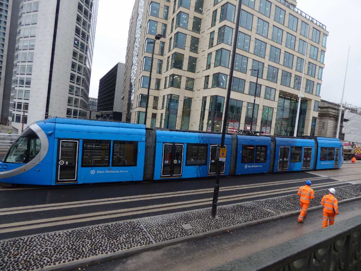 West Midlands Metro tram 23 on a test run between Town Hall Tram Stop and Centenary Square Tram Stop (November 2019)